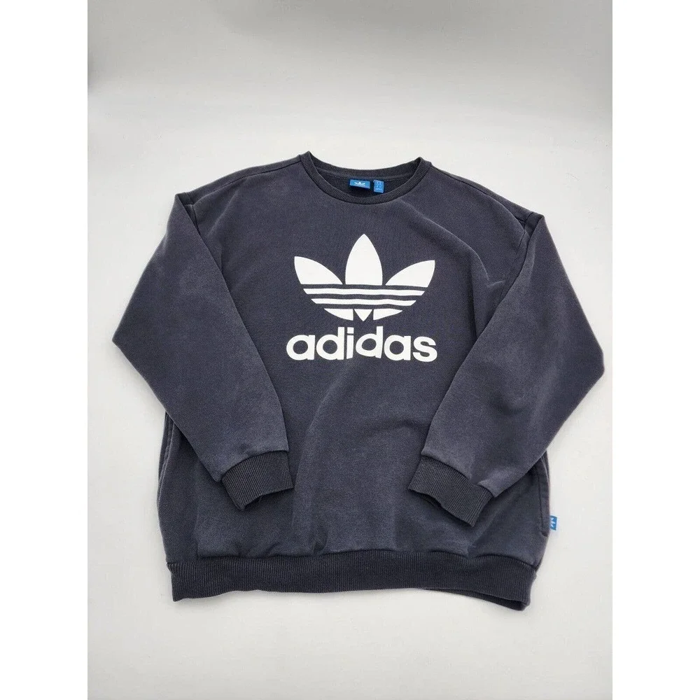Adidas Spellout Logo Trefoil Black Crewneck Sweatshirt Pockets Mens Size S